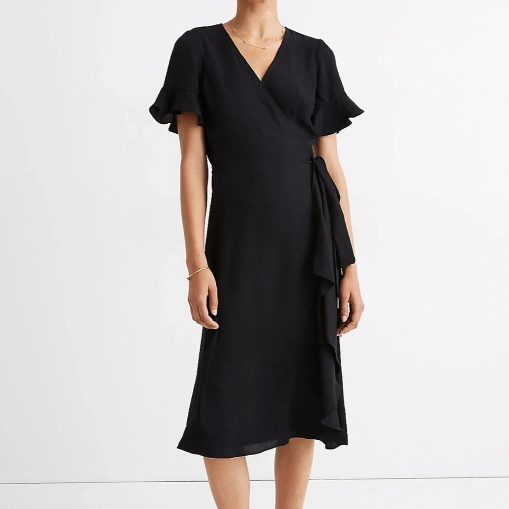Madewell Medium Black Ruffle-Sleeve Wrap Dress | Size XS